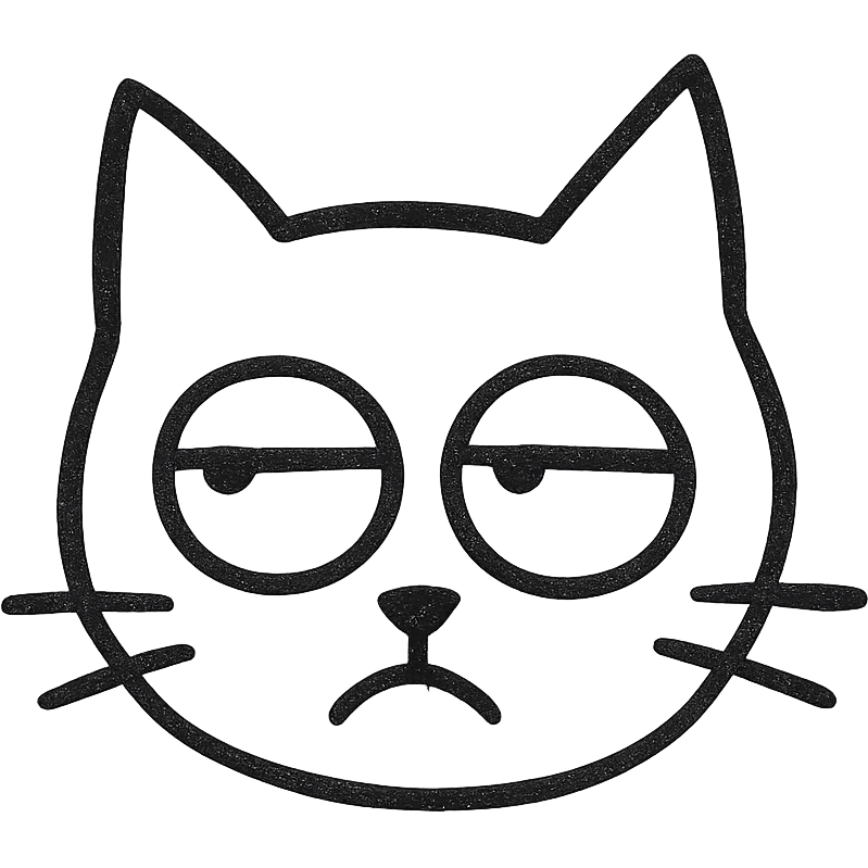 minimalist line art eye-rolling cat, black and white, transparent background emoji
