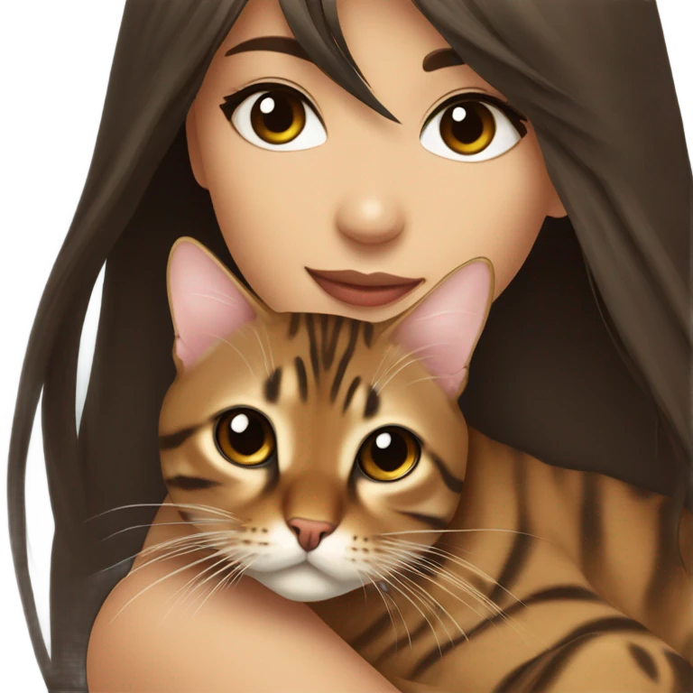 Beautiful woman long dark brown hair have Straight bangs hug bengal cat emoji