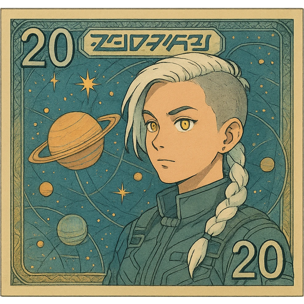 a banknote bill. full frame close up of a "20 crisp" banknote. futuristic, cyberpunk. stellar and planetary style designs adorn the bill. the face pictures is a woman in her 20's, gold yellow eyes, white hair in a single long braid, side of head shaved. she wears a military flight bdu emoji
