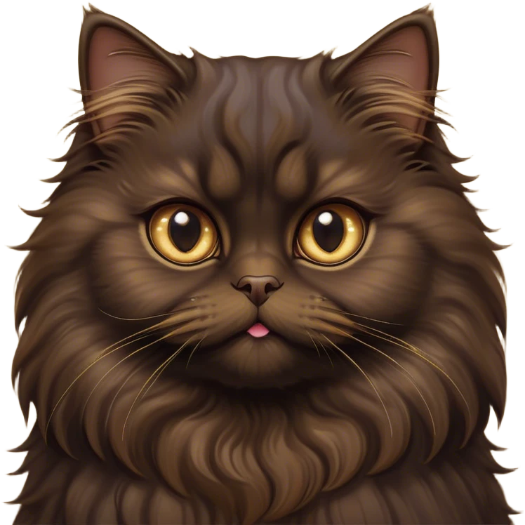 Cinematic Adorable Big-Eyed Fluffy Dark Brown Persian Cat Portrait Emoji, Head tilted playfully with a sweet expression, fluffy dark brown fur with rich caramel and gold undertones, Simplified yet irresistibly cute features with large, expressive eyes, highly detailed, glowing with a warm and gentle glow, high shine, a mix of affectionate and curious, stylized with a touch of whimsy, bright and full of charm, soft glowing outline, capturing the essence of a fluffy, loving kitty with oversized eyes, so endearing it feels like it could leap out of the screen and cuddle with you instantly! emoji