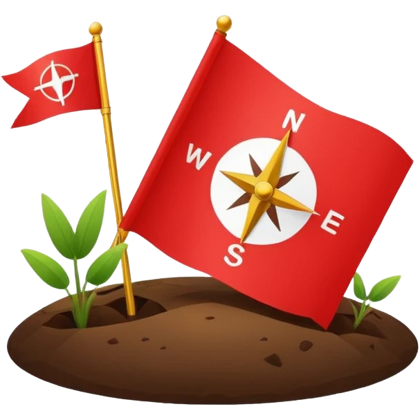 A minimal emoji of a compass pointing toward a planted flag. Flat design, confident colors, modern emoji style. Represents choosing direction and seeing it through to completion. Avoid corporate or motivational poster aesthetics. emoji