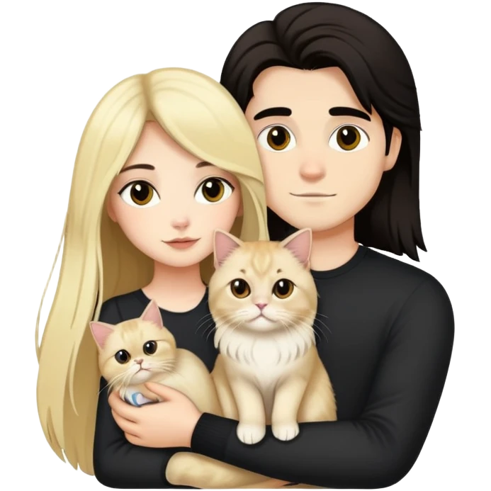 pretty girl with long dark hair holding a blonde persian cat beside her boyfriend holding a small black cat emoji