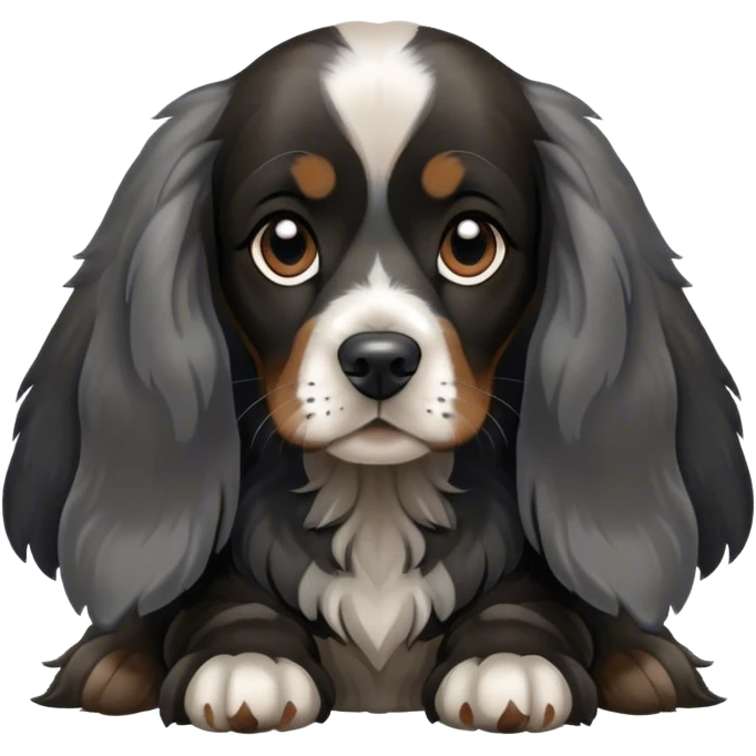 english cocker spaniel black and dark silver with long ears and sitting emoji