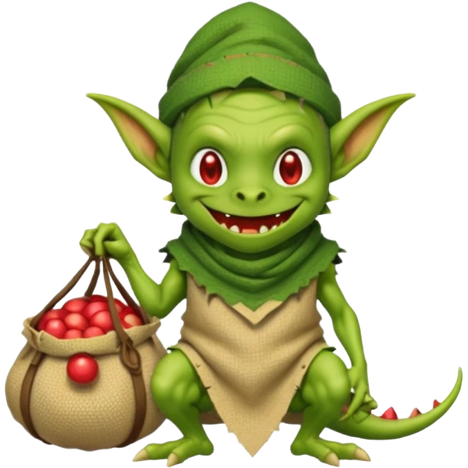 A retro pixel art goblin with a cloth sack over its back filled with dragon eggs. emoji