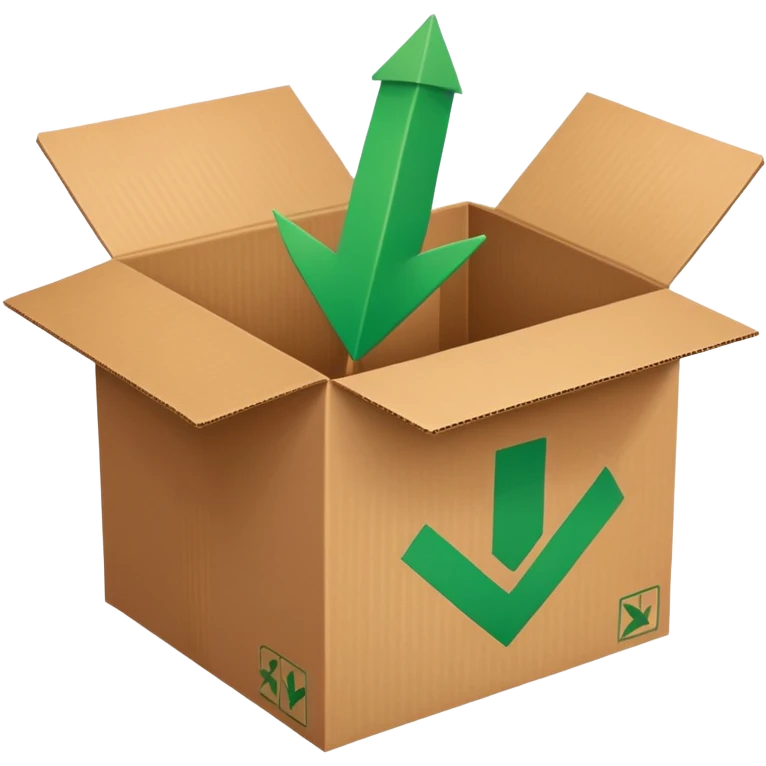 closed cardboard box with a circular arrow and a green checkmark inside the arrow, positioned above the box in the upper right corner emoji