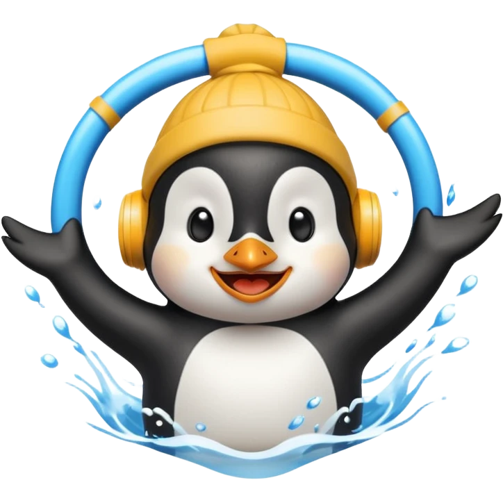 A cheerful penguin swimmer in swim cap, doing a playful backstroke with water rings popping around.
 emoji