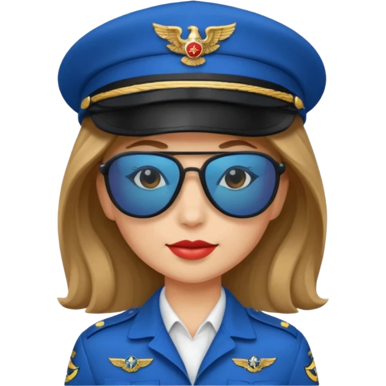 pilote d'avion femme cheveux brun clair avec sunglasses noires et chapeau de pilote et uniforme bleu emoji
