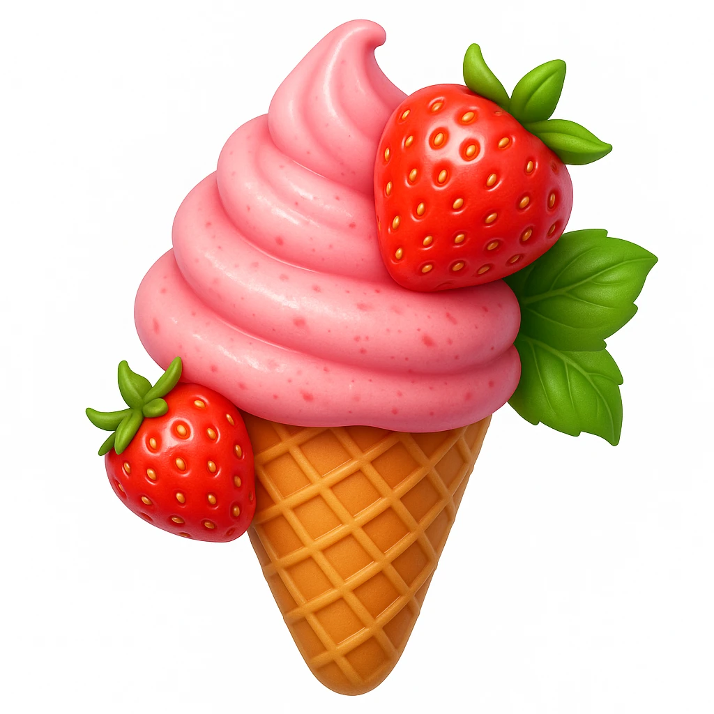3D iOS style emoji with ice cream, strawberries, and green leaves emoji
