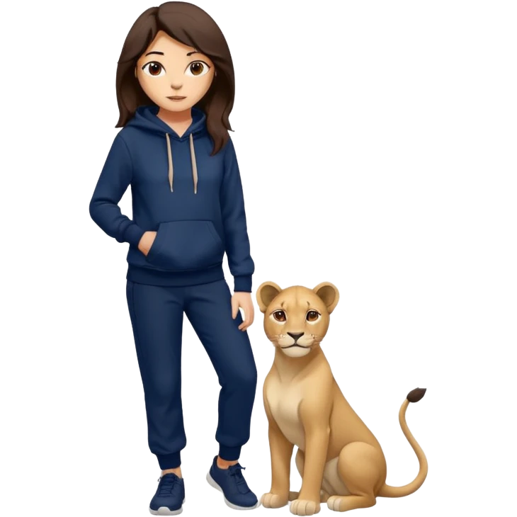 León tierno que sea mujer con pantalones guangos color azul marino y una sudadera negra con cabello suelto color castaño obscuro emoji