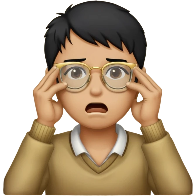 Make an apple choking emoji of a tan gender neutral person with black hair and gold frame glasses with their hand on their neck choking themselves  emoji