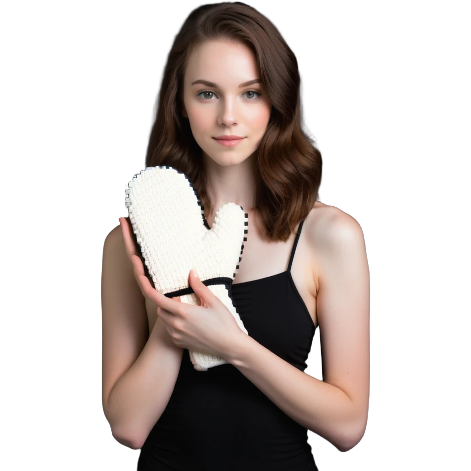 pale skintone woman with brown hair holding a tanning mitt emoji