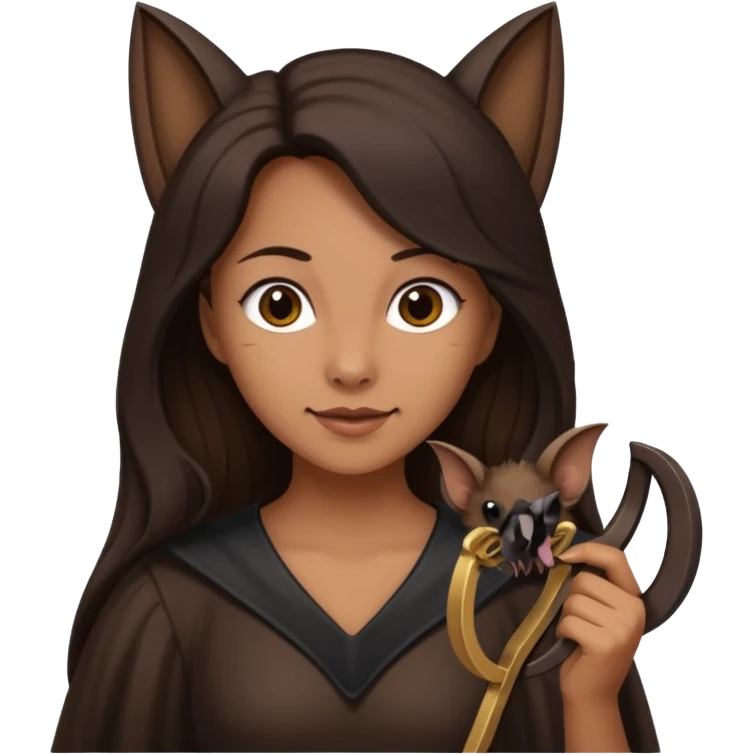 woman with long dark hair holding a horsehoe bat emoji