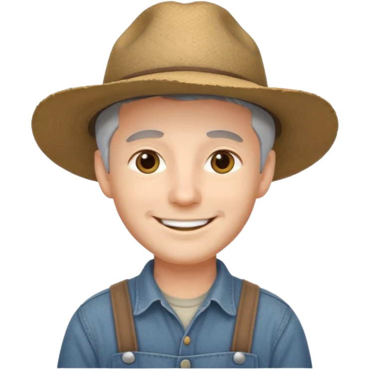 smiling young man with gray hair and a wide-brimmed farmer hat emoji