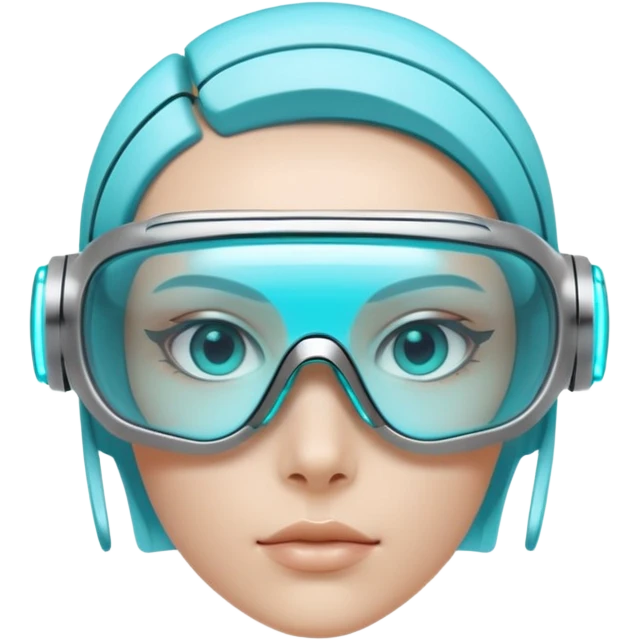 3D render of Digi-Visor, futuristic cyborg aesthetic, fusion of organic skin and chrome metal, sleek white plastic eyewear with a cyan glowing strip, isolated on white background --v 6.0. emoji