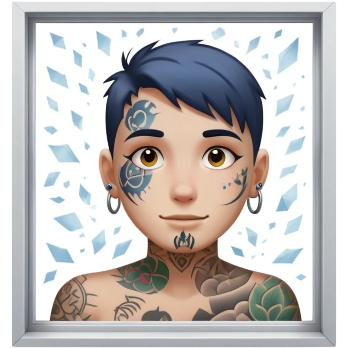 person with face tattoo looking out of window and he is opening shatters happy emoji