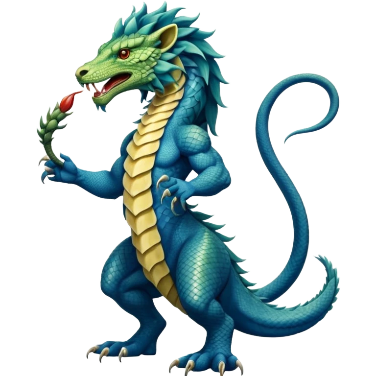 Mušḫuššu, blue scaled serpentine body, lion mane, front lion forelegs, back eagle hind legs, long neck, horned dragon head, lizard tail, snake tongue, no wings, ancient, divine emoji