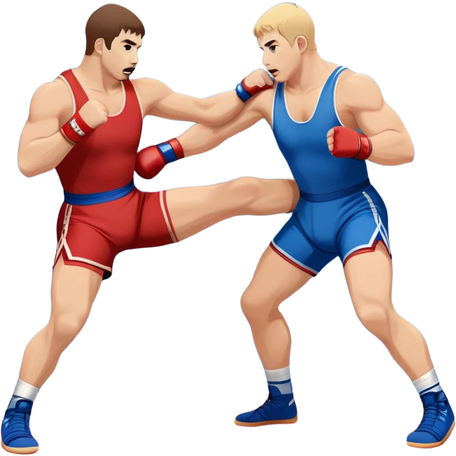 Two Sambo fighters in blue and red gis with shorts and wrestling shoes, executing gripping and throwing techniques. The fighters are engaged in a dynamic, action-packed moment with no strikes. The background features a wrestling mat, focusing on the technique and control. Transparent background  emoji