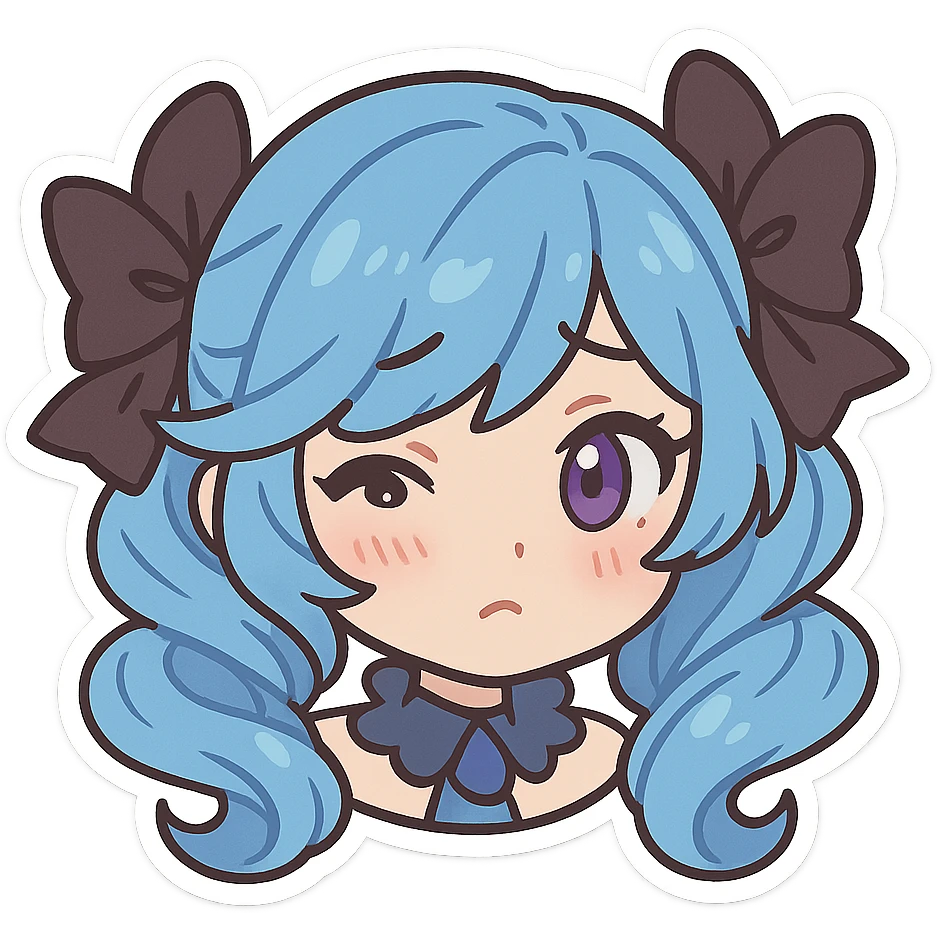 Gwen from League of Legends, chibi emote style, only head visible, right eye purple, shy expression, cute and expressive emoji