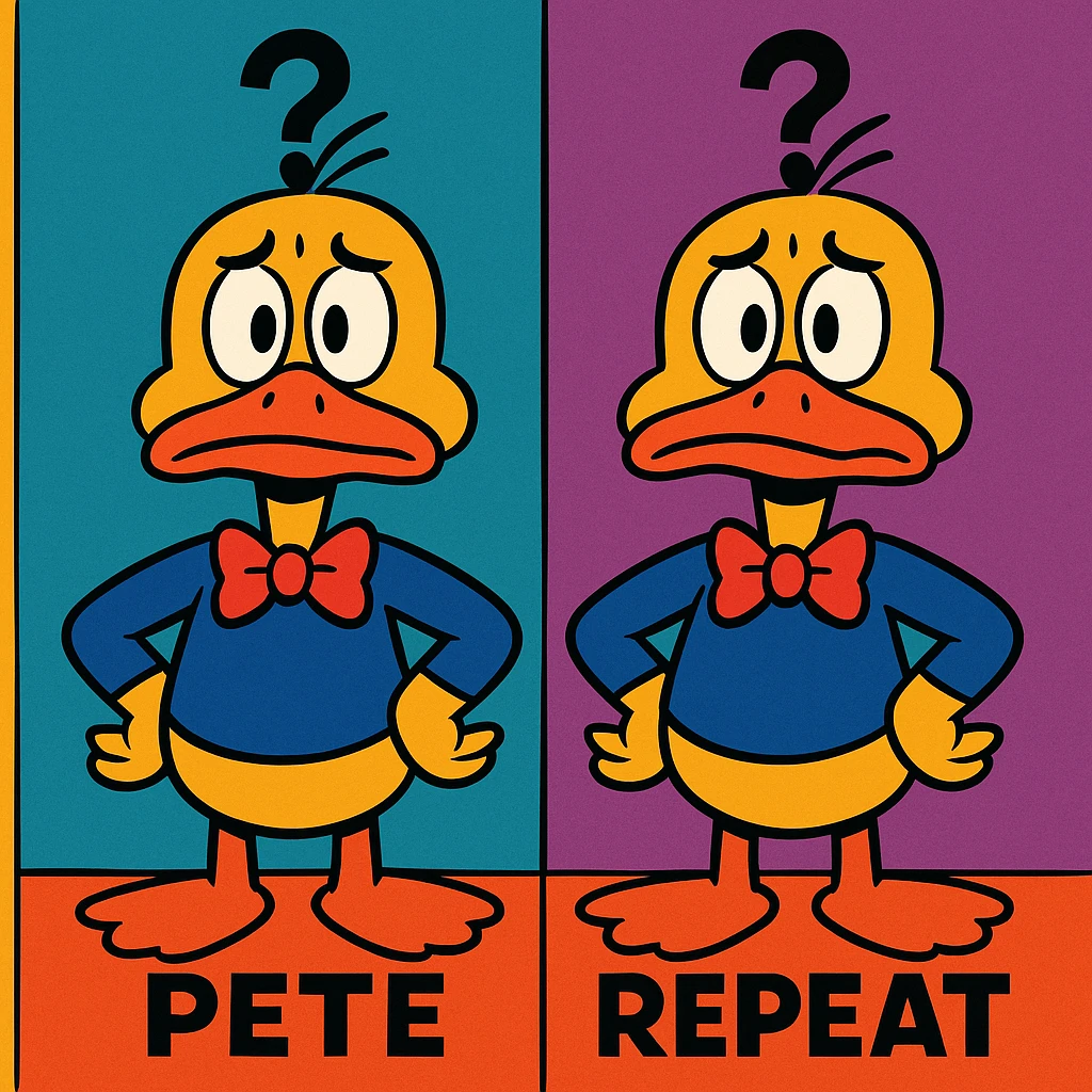 playful illustration of Pete and Repeat, two identical cartoon ducks standing side by side, both looking confused, fun and colorful style emoji