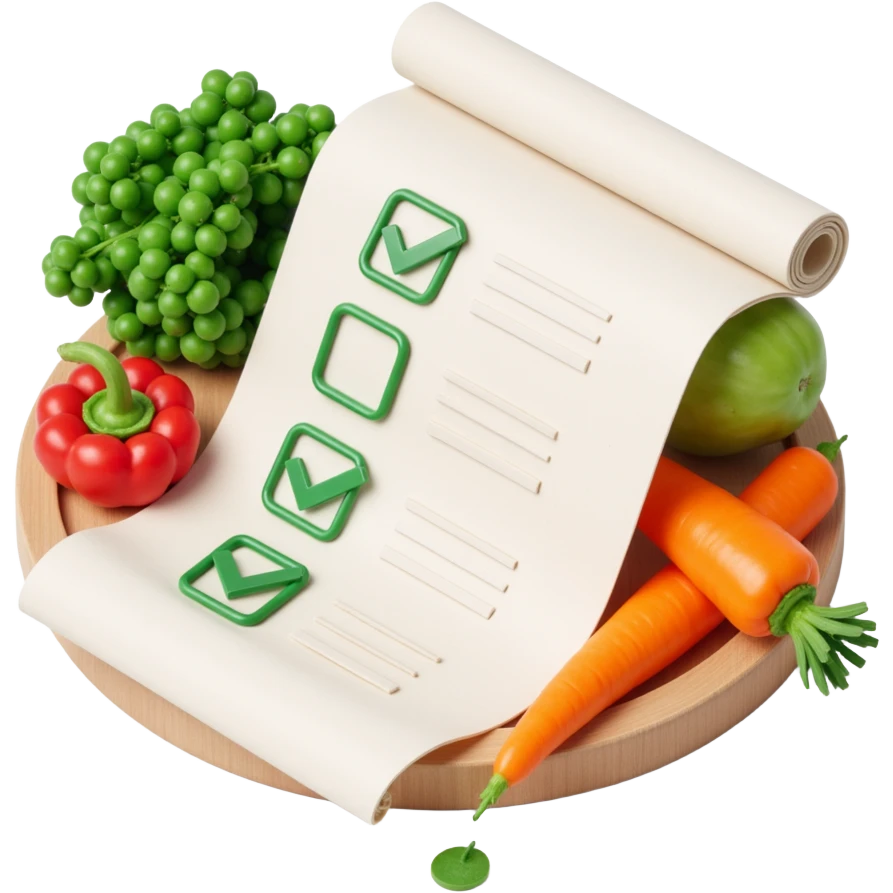 floating rolled paper list with green checkboxes and around vegetables emoji