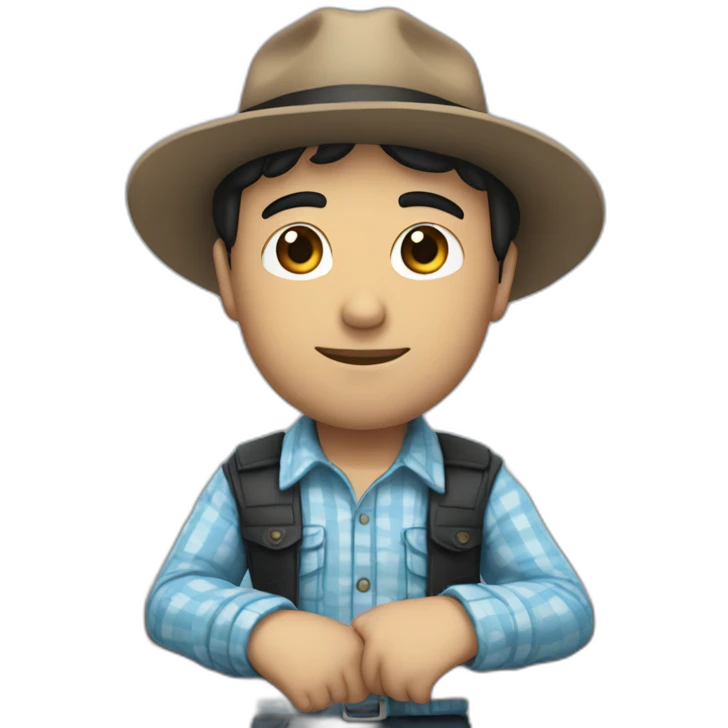 White Man with black hair, strip blue flowered shirt, brown hat, setting on a bench emoji