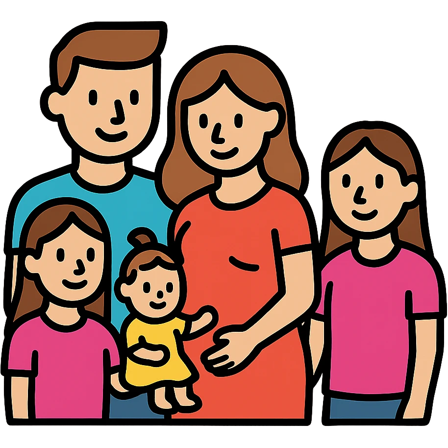 modern icon of a family group: dad, pregnant mom, two teen girls, and a small baby girl, showing affection and unity emoji