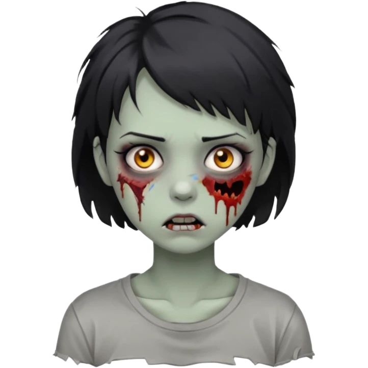Zombie girl with messy black short hair in gray tshirt with lashes and torn cheek emoji