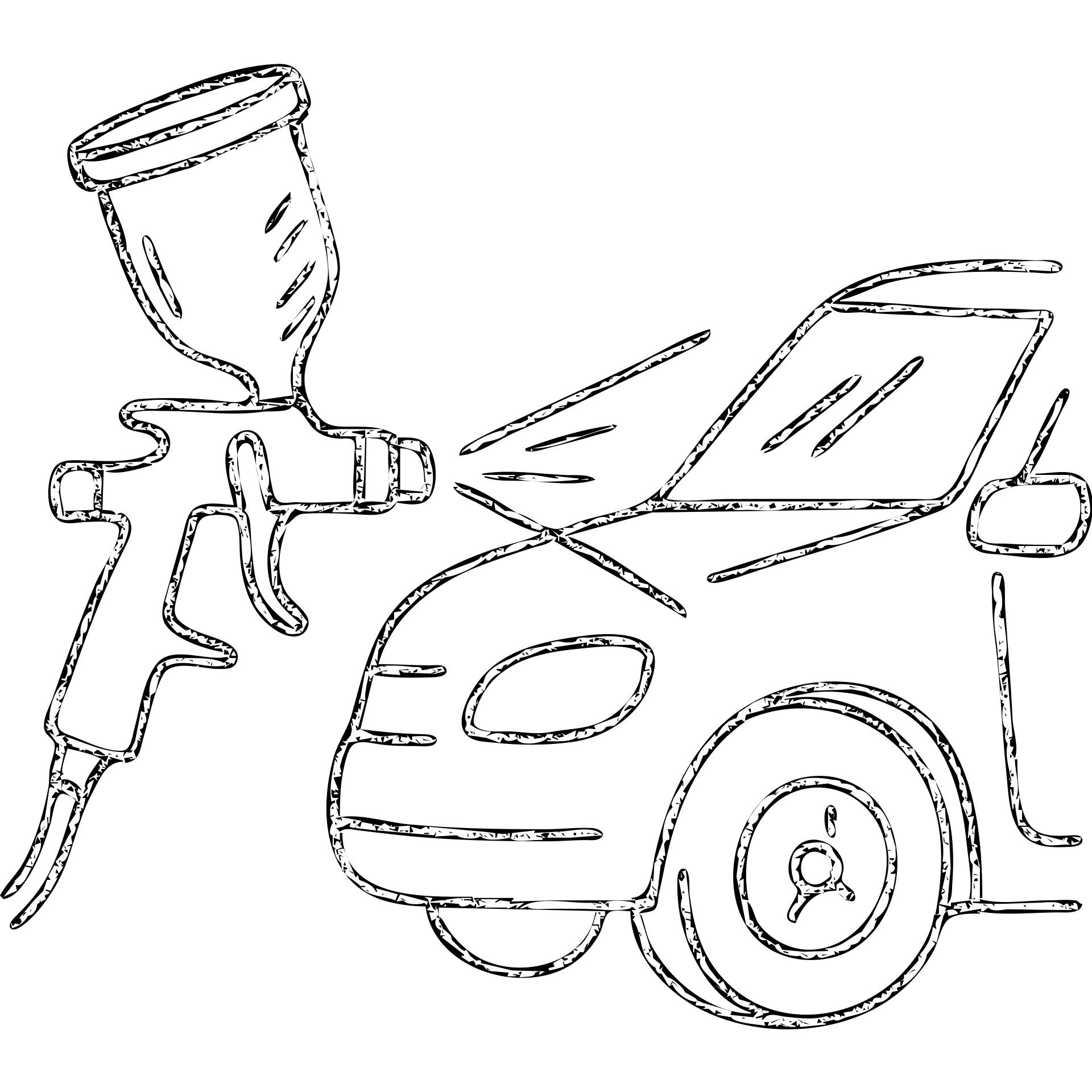 hand-drawn outlined icon of a paint spray gun pointing at a car section, light layer of glossy black paint spraying out, silver details, clean lines, no excess paint, clean and modern emoji