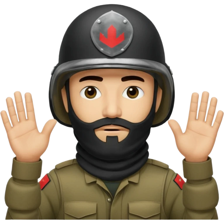 surrenders, depicts an Iraqi soldier from 1980, with a beard, in a helmet, a helmet without signs, with a balaclava, with sad eyes and raised hands emoji