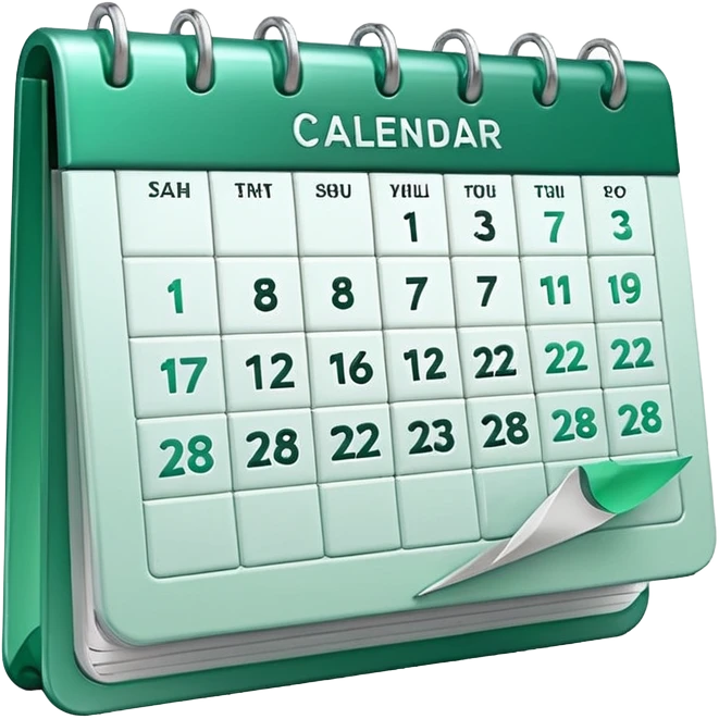 A glossy 3D icon of a clean digital calendar with green (#16A34A) accent highlights, floating pages, subtle shadows, and a modern SaaS-UI look. Soft reflections, rounded edges, friendly professional style. Represents scheduling and reservation management. emoji