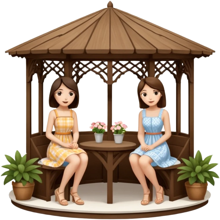 Two brunette women sitting inside a large white gazebo emoji