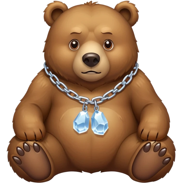 Realistic brown bear on all four legs with serious expression, wearing a simple chain made entirely of ice around its neck, nothing hanging from it emoji