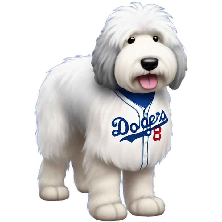 Old English Sheepdog full height wearing a Los Angeles dodgers baseball jersey emoji