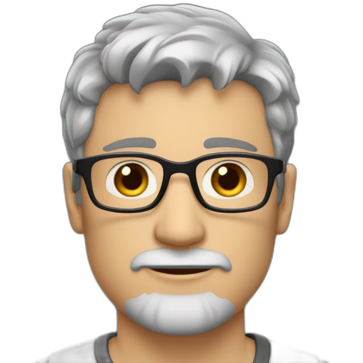 Caucasian man 40. brown eyes. short hair and short gray beard. disheveled without parting. black glasses emoji