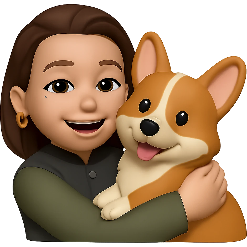 add golden ring earrings to her ears while she is hugging a corgi dog, keep the same style emoji