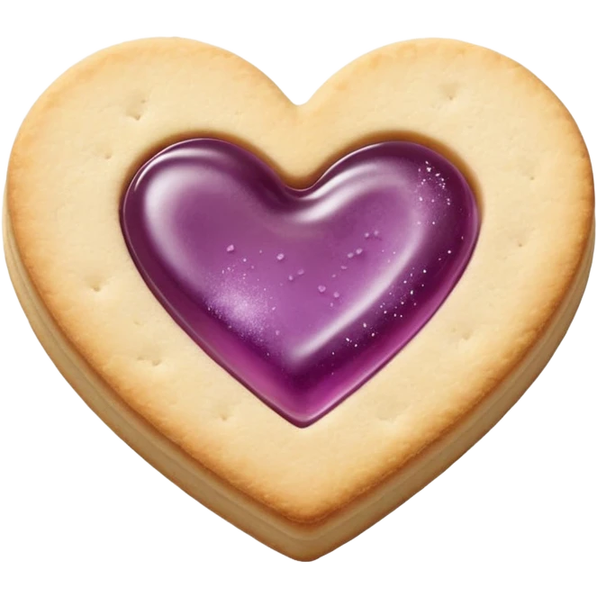 Realistic shortbread cookie in the shape of a heart with mauve jelly middle filling and sprinkled powder sugar on top. emoji