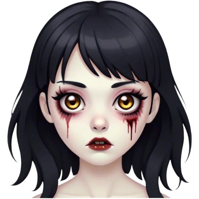 zombie girl, with big brown eyes, big eyelashes and black eyeliner, black long hair, with bangs  emoji