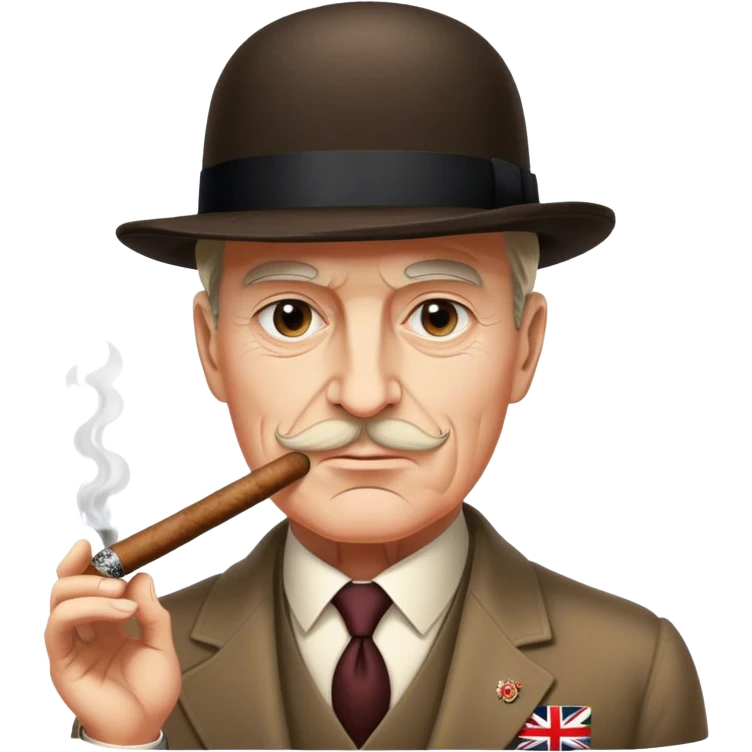 Cinematic Realistic Winston Churchill Portrait Emoji, depicted as a resolute British statesman with a signature bowler hat and a cigar, exuding determined leadership and wartime valor, rendered with lifelike textures and dramatic vintage lighting that captures his iconic British spirit. emoji