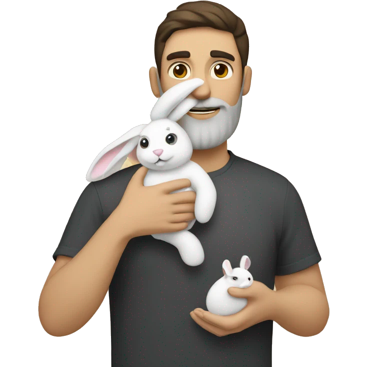Brunette guy with a beard holds a white rabbit  emoji