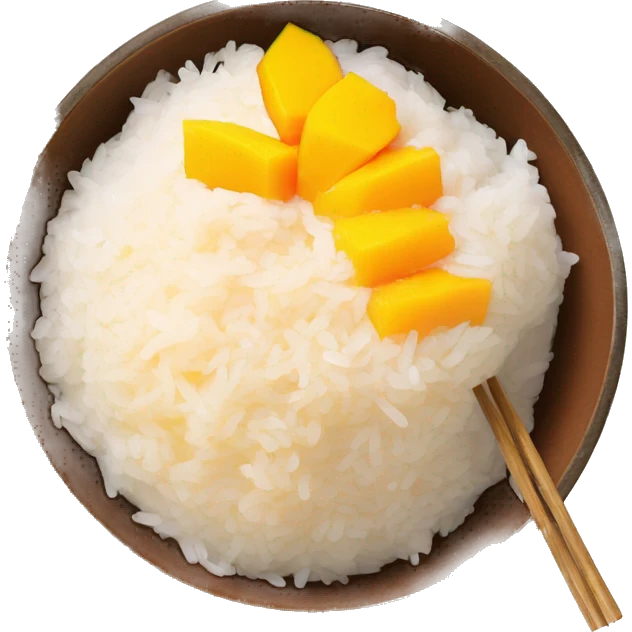 sticky rice bowl with mango slices and condensed milk on top emoji