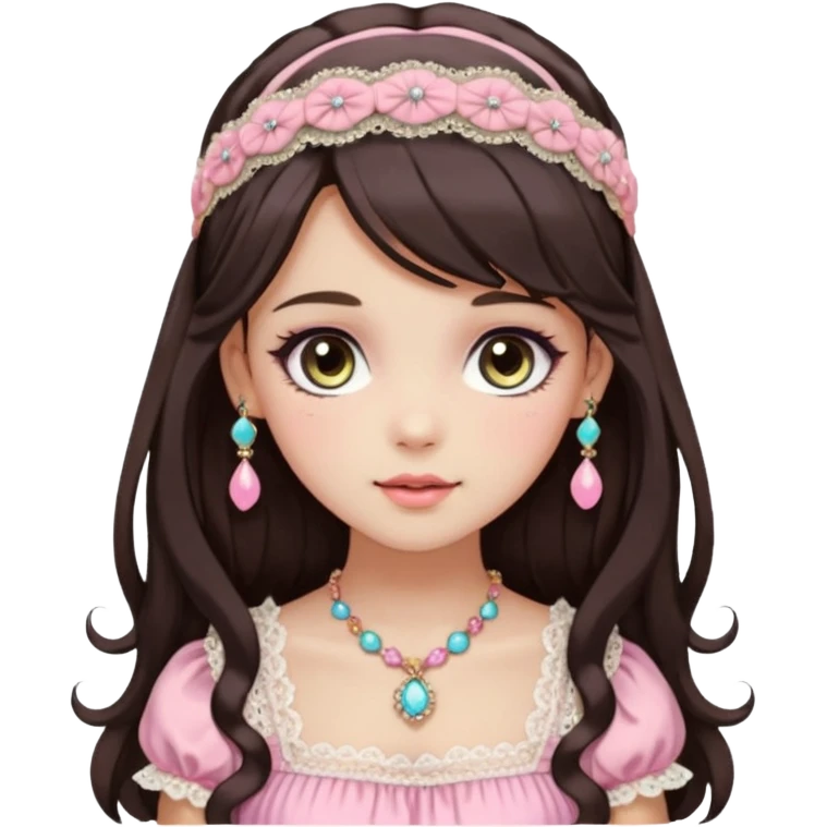 Gorgeous spectacular epic realistic mature anime-styled smooth soft shiny romantic pastel anime style lady with blushing cheeks, with a lace-maiden-headband, long beautiful luscious stylish hair, big pretty eyes, dark-brown hair, colorful pastel Lolita dress, necklaces, jewels emoji