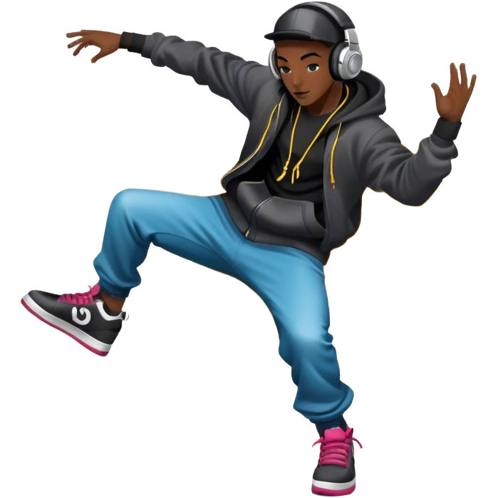 Icon for Street Dance: a dancer in urban streetwear performing a dynamic lower breakdance move, with a spray-painted background, headphones, and a boombox on the asphalt. The icon should capture the energy, style, and creativity of street dance culture. Transparent background. emoji