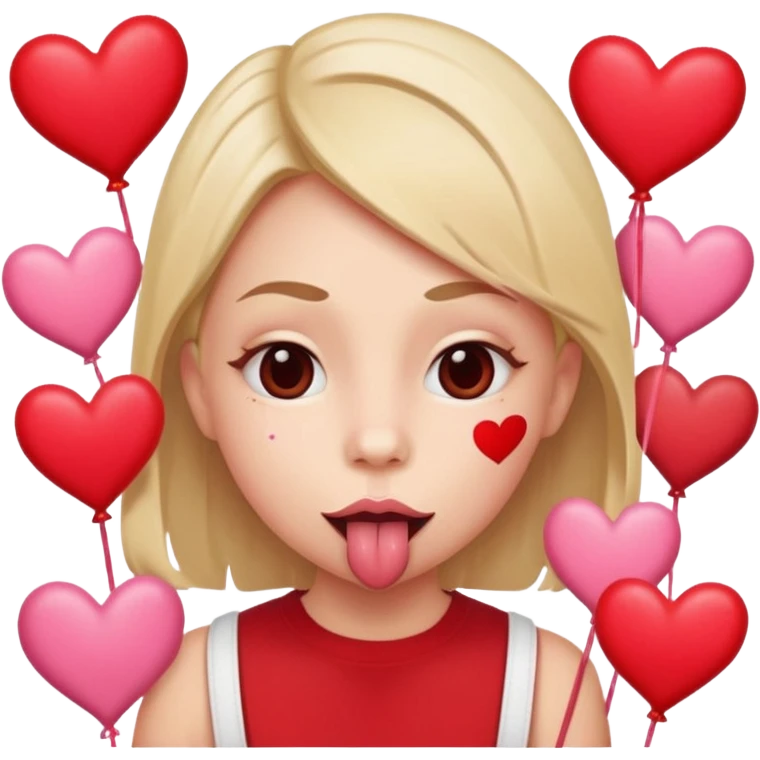 A cross eyed person with their tongue out far with Valentine’s Day decor/hearts around emoji