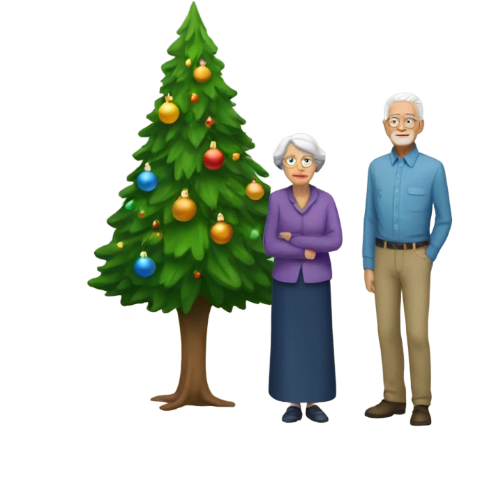 Old man and old woman standing next to a Christmas tree emoji