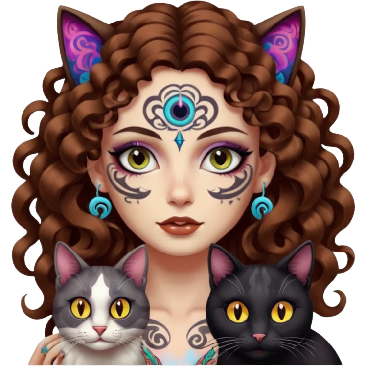 woman with long curly brown hair, brown eyes, white skin, tattoos, black cat with psychedelic spiral eyes mirroring hers emoji