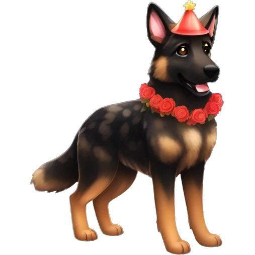 Bokeh Midnight constellation night stars Brindled striped brindle black German shepherd fox carrying glowing red lantern, fairy lights, rose flower crown, bokeh lights, out of focus blur emoji