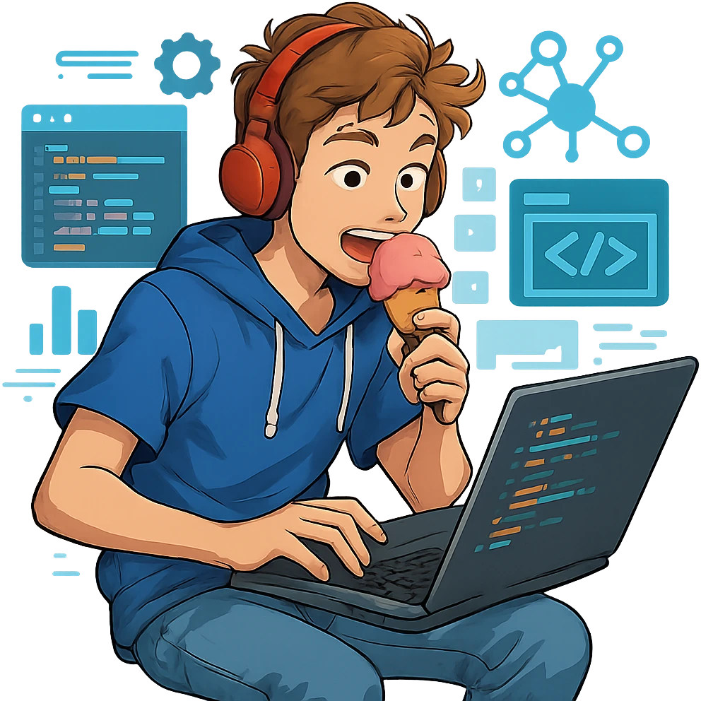 a white teenager eating ice-cream while coding busily on a laptop, energetic, modern, casual outfit, lively tech environment emoji