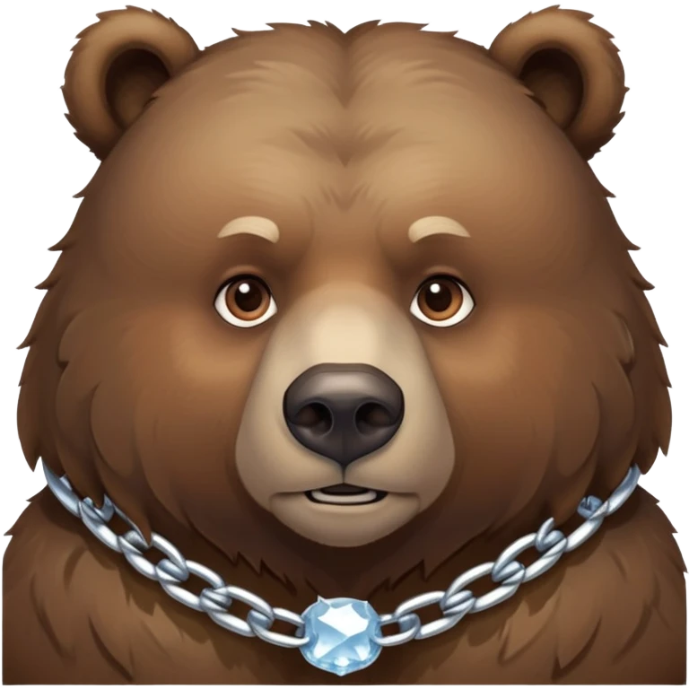 Serious-looking natural brown bear on four paws with stern face, simple ice chain around neck, realistic features emoji