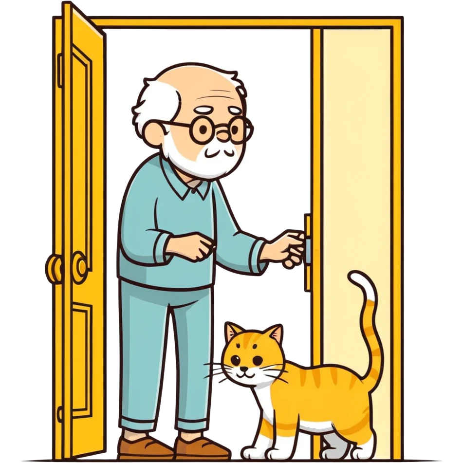  old blind man opening and closing the door four ￼his golden cat  emoji