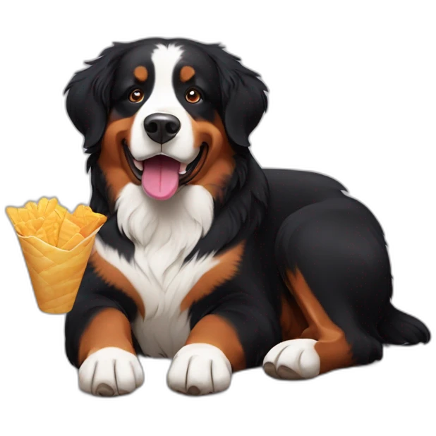 Bernese mountain dog eating an chips and drinking wine emoji